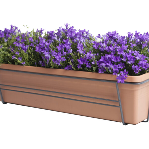 Campanula Addenda Lavender in ELHO ® Green Basics balkonbak (Mild Terra) met metalen balkonrek