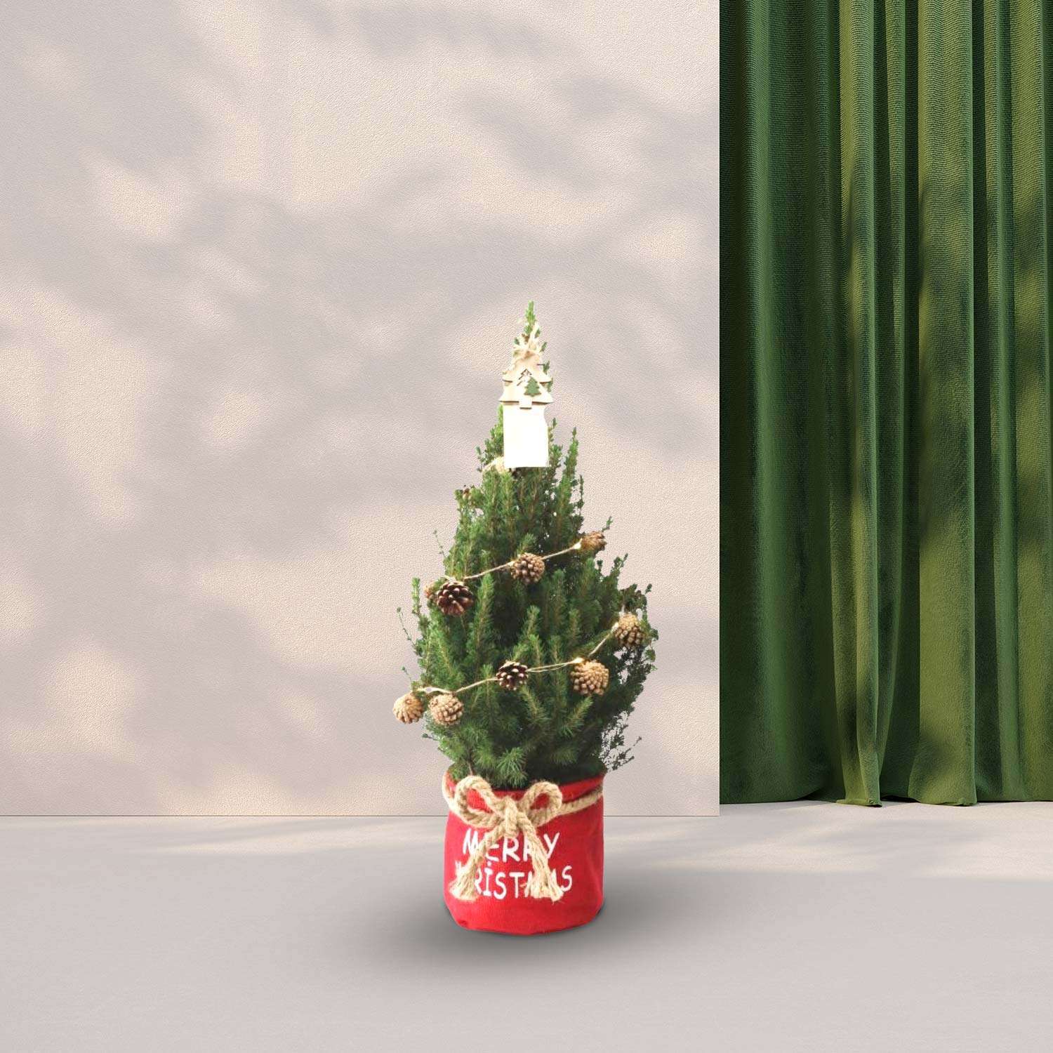 Kerstboom (Picea Glauca Conica) in zak rood - Dennenappel decoratie met verlichting - 70cm