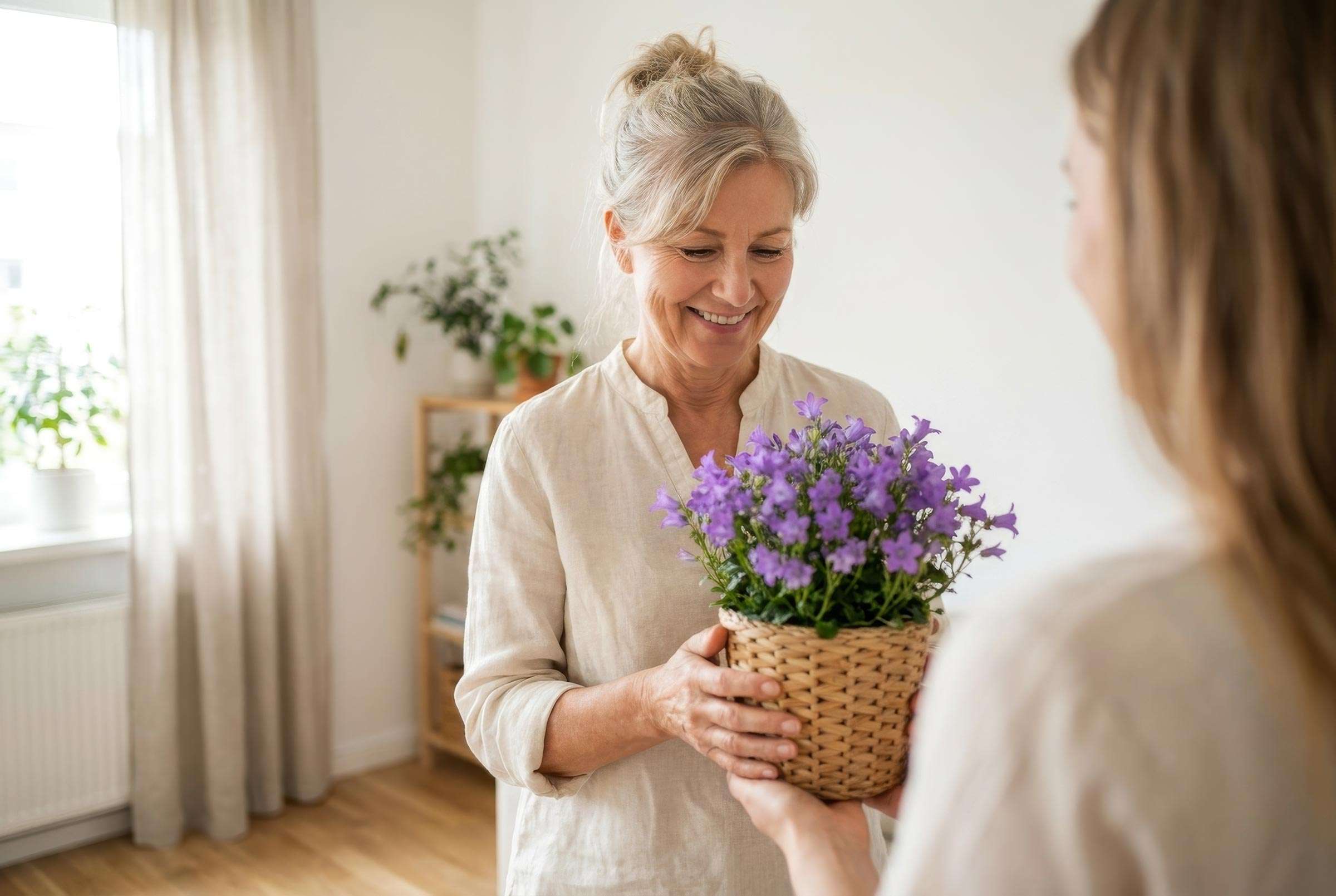 Moederdag cadeau: vrouw krijgt bloeiende campanula plant van dochter
